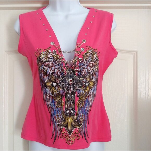 Babes Tops - Babes Biker Wear Angel Wings Pink Tank Small